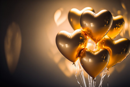 many golden heart-shaped balloons in front of shimmering background, generative aiの素材