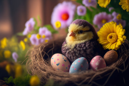 cute chick in an easter nest with easter eggs and spring flowers, generative aiの素材