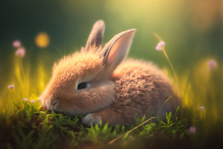 tiny cute rabbit in a spring meadow, generative aiの素材