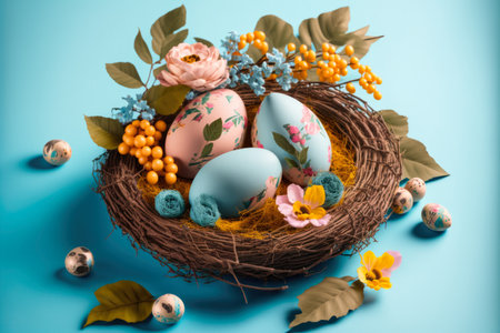 colorful easter nest with easter eggs, generative aiの素材