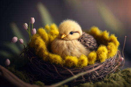 cute embroidered baby chciken in an easter nest, generative aiの素材