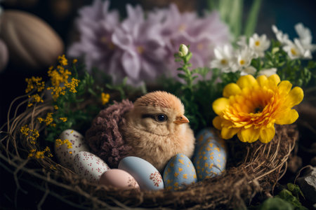 cute chick in an easter nest with easter eggs and spring flowers, generative aiの素材