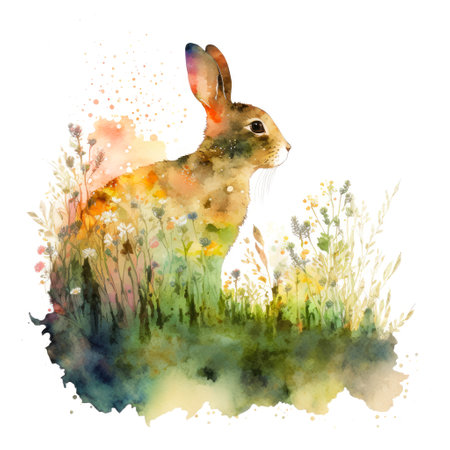 watercolor image of a rabbit between spring flowers in the grass, generative aiの素材