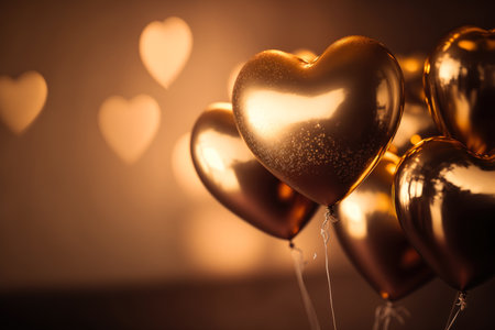 many golden heart-shaped balloons in front of shimmering background, generative aiの素材