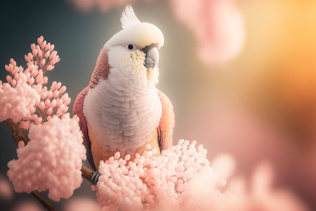 cute pink white cockatoo on a sakura branch, generative aiの素材