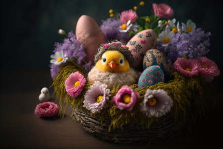 cute embroided chick in an easter nest with easter eggs and spring flowers, generative aiの素材