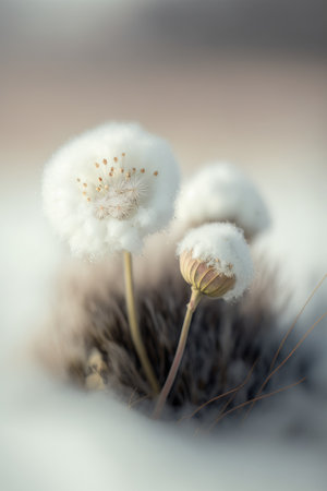 white cottongrass flower in the snow, Generative AIの素材