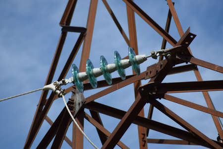 High voltage post at sunset. Electric mastsの写真素材