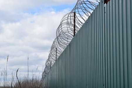 Diagonal pattern of metal profile. Fences from the galvanized iron painted by a polymeric covering.