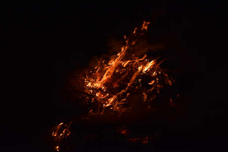 Fire fire. Burning of rice straw at night.