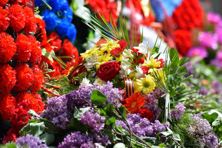 The laid flowers to a monument in honor of a Victory Day on May 9. Patriotic traditions.の写真素材
