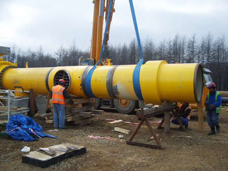 Sakhalin, Russia - 12 November 2014: Construction of the gas pipeline on the ground. Transportation...