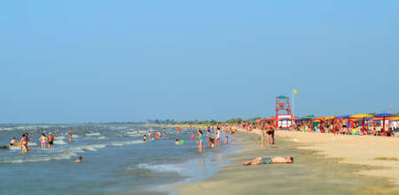 Russia, Achuevo - August 2, 2015: The beach at the recreation center in the village Achuevo in the Krasnodar region.のeditorial素材