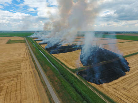Burning straw in the fields of wheat after harvesting. The pollution of the atmosphere with smoke.の写真素材