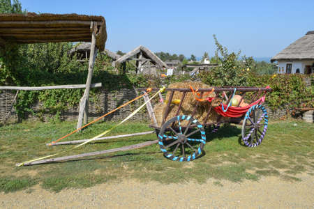 The cart without a horse with hay and pumpkins. Harnessed to a cart near the fence.の写真素材