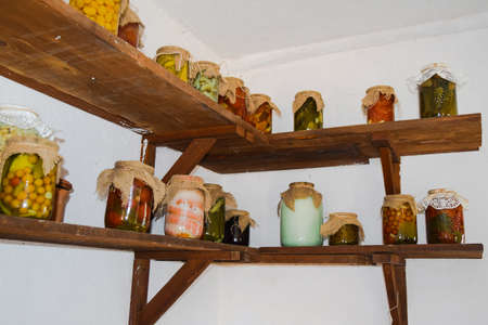 House canned food from vegetables. Stocks of food of residents of the Russian village.の写真素材