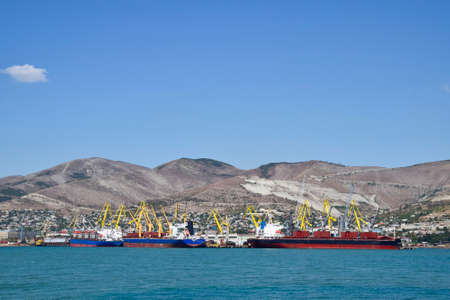 international seaports. Cargo port with port cranes. Sea bay and mountainous coast.の写真素材
