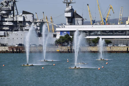 Novorossiysk, Russia - September 9, 2016: Fountains in the sea. Spray fountains in the bay. Sea port.のeditorial素材