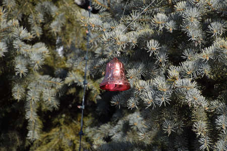 Decorations New Year tree. Tinsel and toys, balls and other decorations on the Christmas Christmas tree standing in the open air.の写真素材