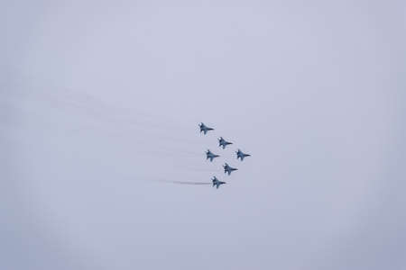 Krasnodar, Russia - February 23, 2017: Air show in the sky above the Krasnodar airport flight school. Airshow in honor of Defender of the Fatherland. MiG-29 in the sky.の写真素材