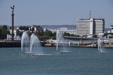 Novorossiysk, Russia - September 9, 2016: Fountains in the sea. Spray fountains in the bay. Sea port.のeditorial素材