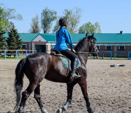 Krasnodar, Russia - April 28, 2017: Equestrian sports with teenagers. Horse Club. A girl is riding a horse.のeditorial素材