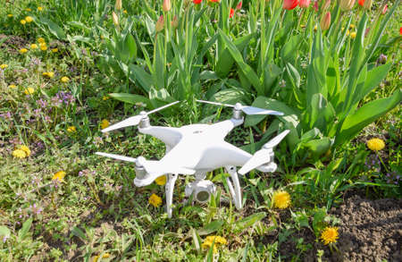 Krasnodar, Russia - April 14, 2017: Quadrocopter DJI Phantom 4 is located on a meadow with red tulip flowers.のeditorial素材