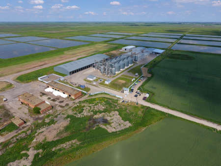 Grain terminal. Plant for the drying and storage of grain. Rice plant in the middle of fields. Top view.の写真素材