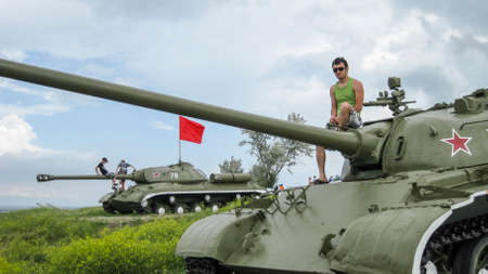 Temryuk, Russia - June 12, 2011: Museum open-air tank for inspection by all comers. Military equipmentのeditorial素材