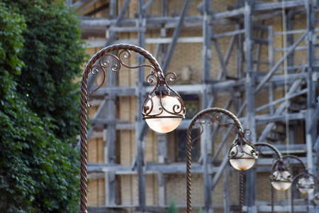 Street lights on the background of scaffolding. Street lighting.の写真素材