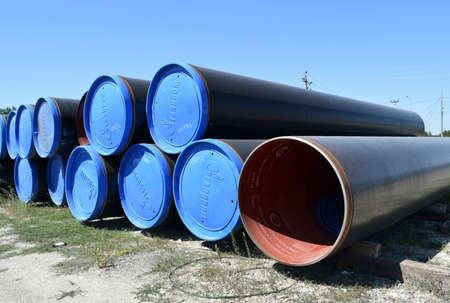 The gas pipeline, pipes prior to assembly. A warehouse of pipes before their installation.