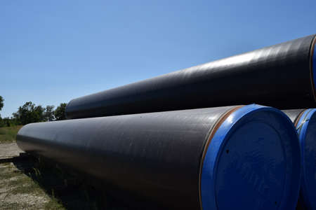 Krasnodar, Russia - August 1, 2015: The gas pipeline, pipes prior to assembly. A warehouse of pipes...