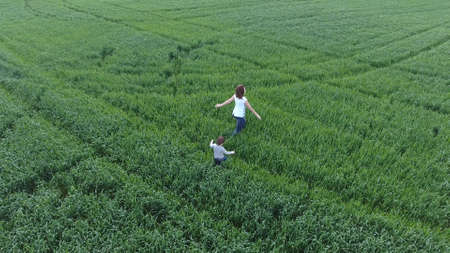 Young woman with her son playing on the field of green wheat. Walking in the open air. Video from...