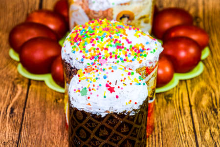 Easter cake and painted red Easter eggs. Food for the Easter table