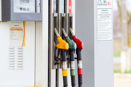 Krasnodar, Russia - March 15, 2017: Pistols of the gas station. Different types of fuel at the gas station.のeditorial素材