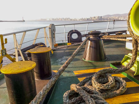The sea rope on the deck of the ship.