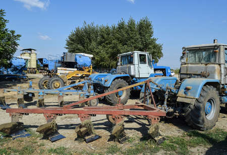 Russia, Temryuk - 15 July 2015: Trailer Hitch for tractors and combines. Trailers for agricultural machinery.のeditorial素材