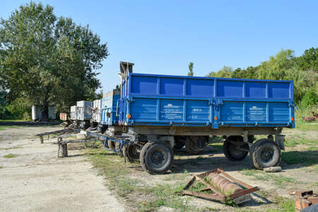 Russia, Temryuk - 15 July 2015: Trailers trucks for a tractor. The trailer for cargo transportation.のeditorial素材