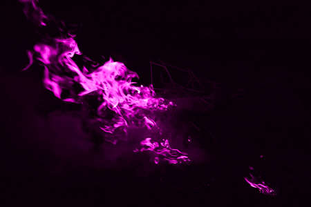Violet flame. Fire. Burning of rice straw at night.の写真素材