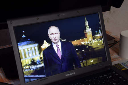 Russia, Poltavskaya village - Mart 24, 2018: Russian President Vladimir Putin on the laptop screen. Editorial illustrative.のeditorial素材
