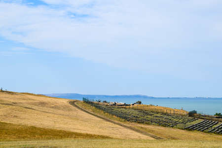 Ataman, Russia - September 26, 2015: The landscape at the Cossack village - a museum Ataman. the village and the sea view from the heights of the hill.のeditorial素材