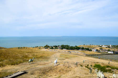 Ataman, Russia - September 26, 2015: The landscape at the Cossack village - a museum Ataman. the village and the sea view from the heights of the hill.のeditorial素材