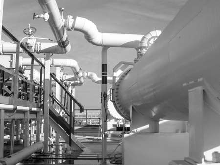 Heat exchangers in a refinery. The equipment for oil refining. Heated gasoline air cooler