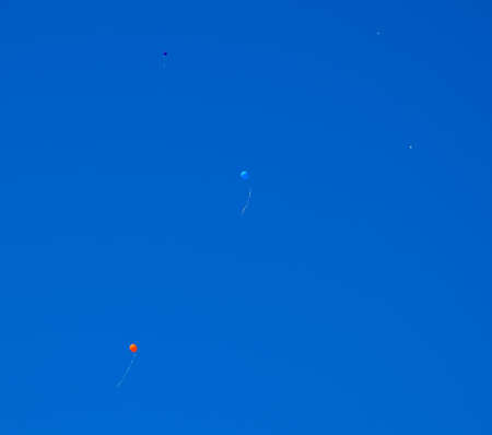 Multicolored balls, filled with helium, fly in the blue sky.の写真素材
