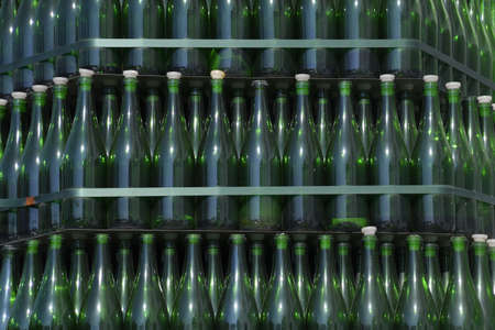 Christmas tree of bottles of champagne. Creative from bottles. Empty bottles of champagne.の写真素材