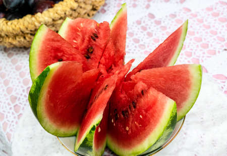 Cut watermelon on the table. Ripe watermelon