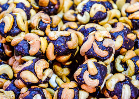 Slices of marmalade with cashew nuts. Cashews with sweets. Marmalade balls with nutsの写真素材