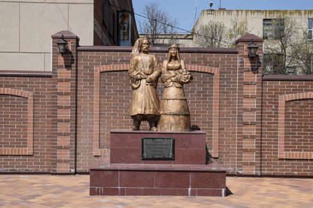 Poltavskaya, Russia - April 07, 2016: Monument to the first settlers Cossacks in the village of Poltavskaya, Krasnodar Territory.のeditorial素材