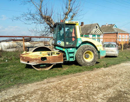 Krasnodar, Russia - March 29, 2017: A road roller stands on the side of the road. Avtremontnaya...