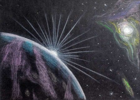 space drawing with a pencil. Sunrise and moonlight above the earth view from space